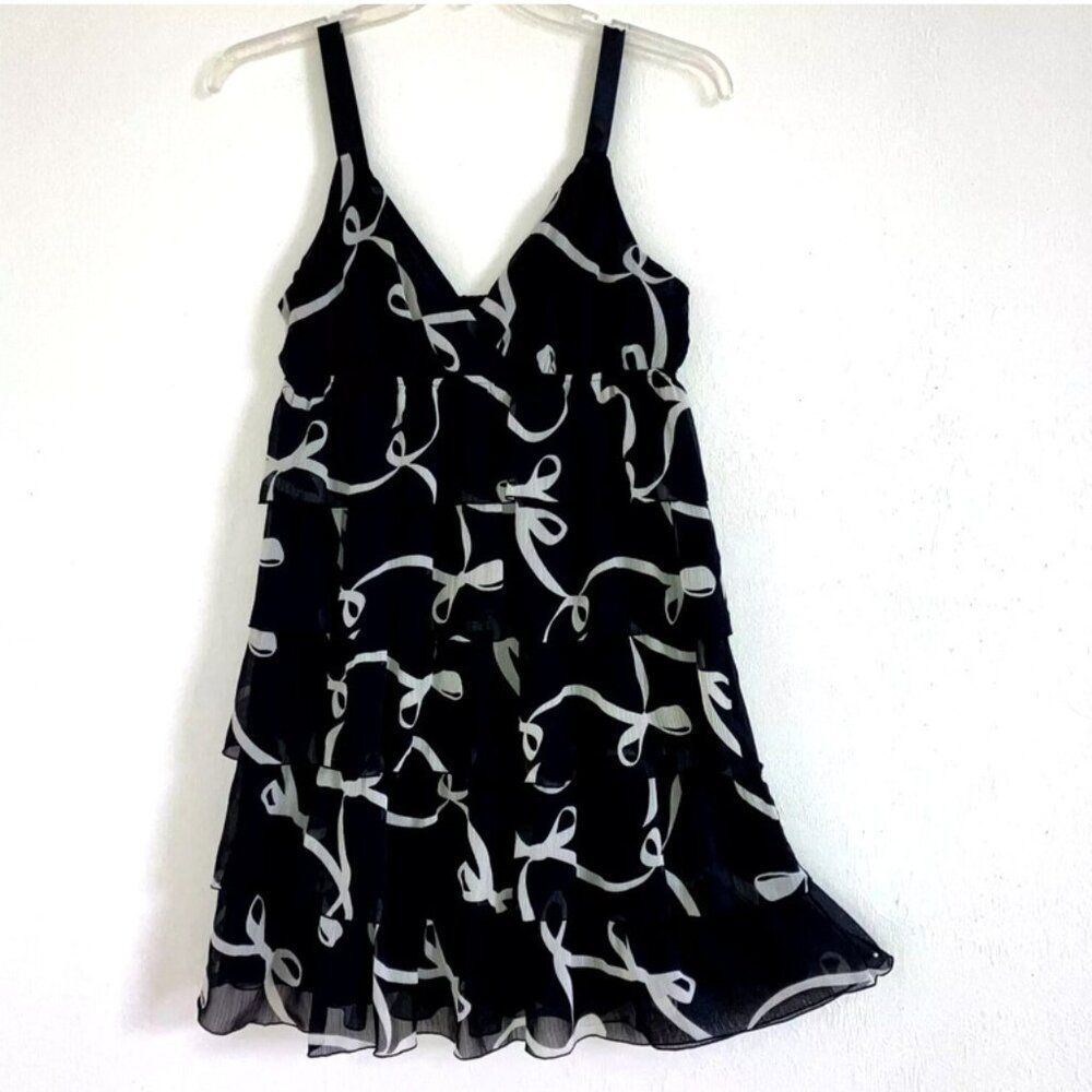 OLD NAVY sz M Black & White Bow Tiered Chiffon Sun Babydoll Dress Strappy Flowy